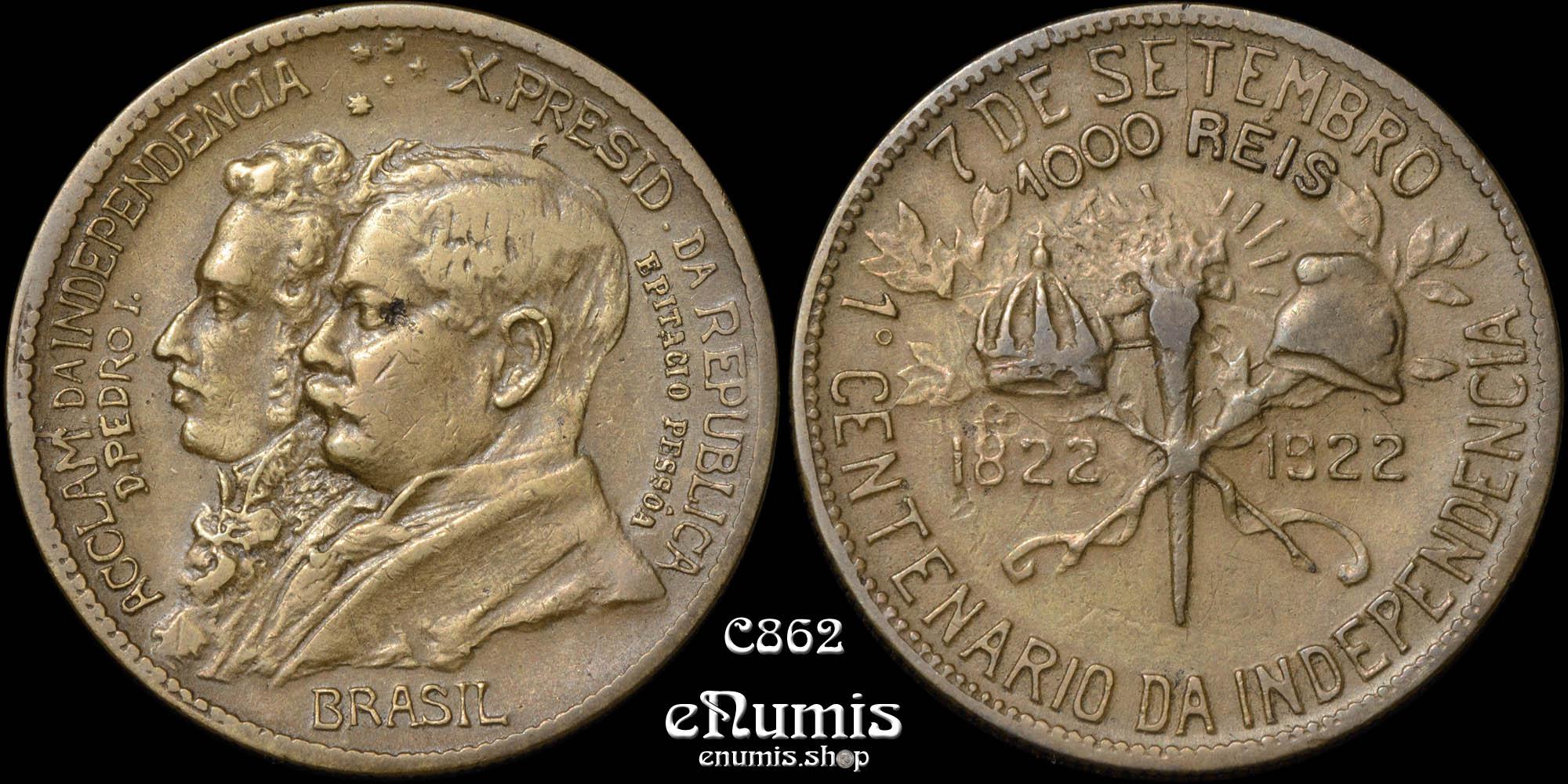 BRAZIL, 1000 Reis 1922, Independence Centennial, XF BRAZIL, 1000 Reis 1922, Independence Centennial, XF