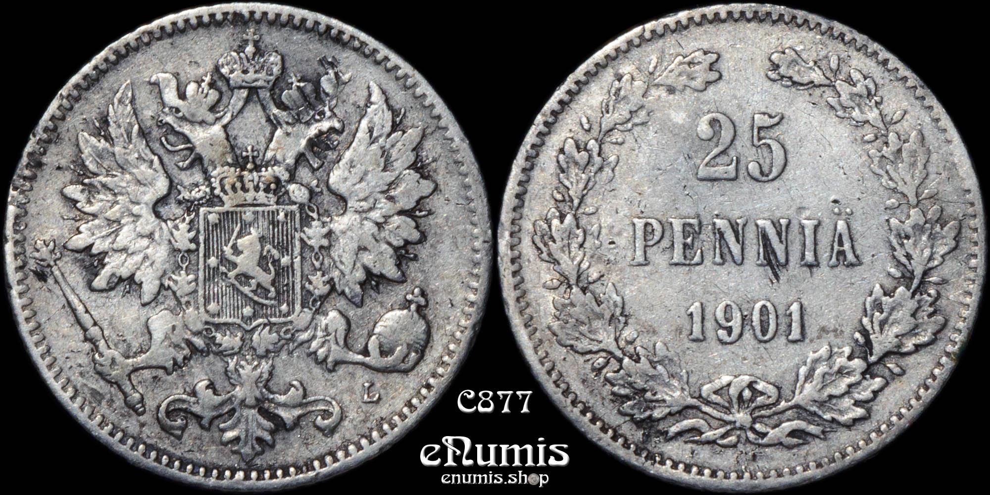 RUSSIA, FINLAND, Nicholas II, 25 Pennia 1901 L, VF