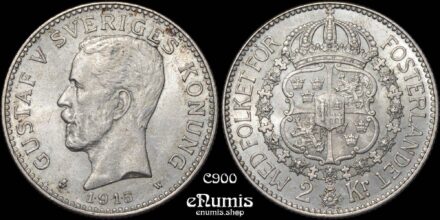 SWEDEN, Gustaf V, 2 Kronor 1915, aUNC/UNC