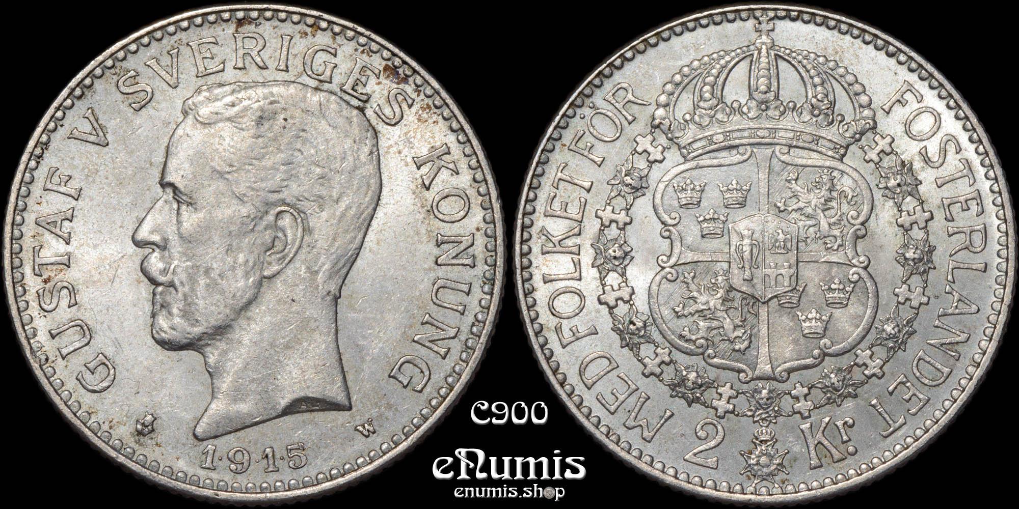 SWEDEN, Gustaf V, 2 Kronor 1915, aUNC/UNC