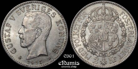 SWEDEN, Gustaf V, 2 Kronor 1913, aUNC
