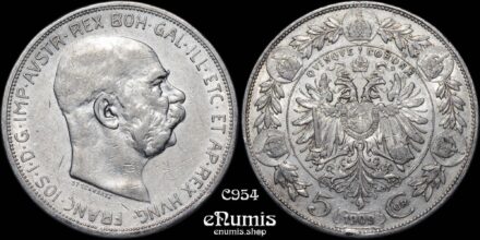 AUSTRIA, Franz Joseph I, 5 Corona 1909, Schwartz, aXF