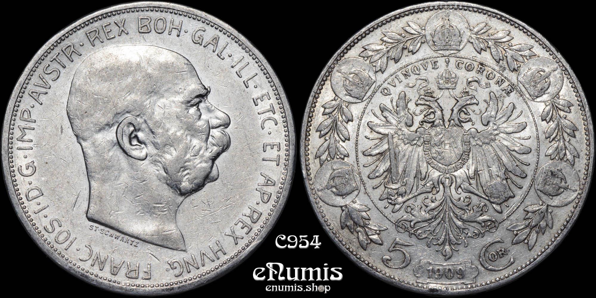 AUSTRIA, Franz Joseph I, 5 Corona 1909, Schwartz, aXF AUSTRIA, Franz Joseph I, 5 Corona 1909, Schwartz, aXF