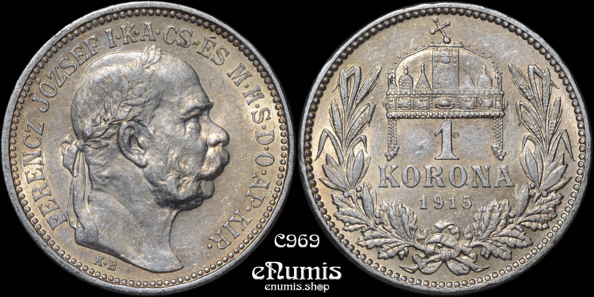 HUNGARY, Franz Joseph I, 1 Korona 1915, aUNC/UNC