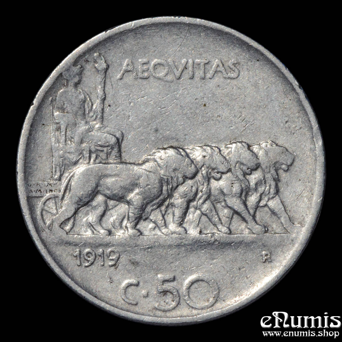 ITALY, Vittorio Emanuele III, 50 Centesimi 1919 R, Reeded edge, Rare!, VF+
