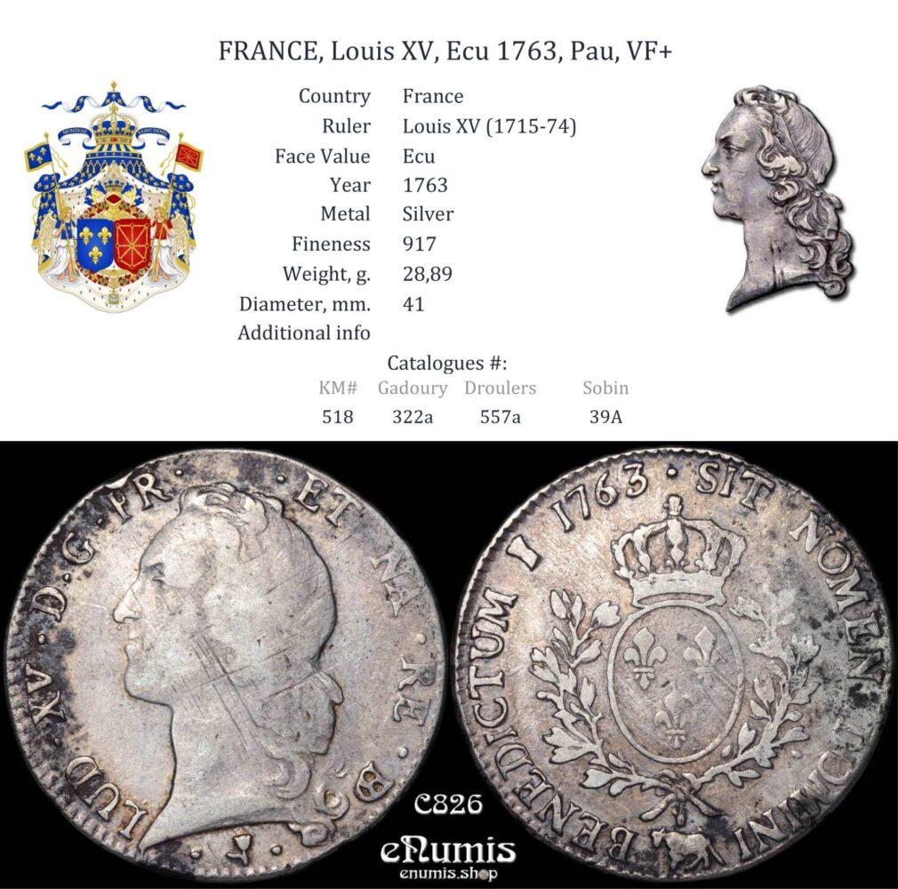 FRANCE, Louis XV, Ecu 1763, Bearn Pau, VF+