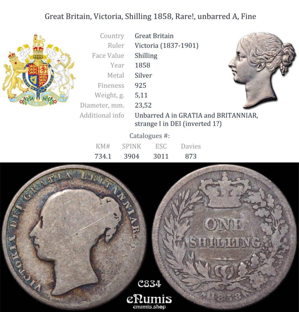 Great Britain, Victoria, Shilling 1858, Rare!, unbarred A, Fine