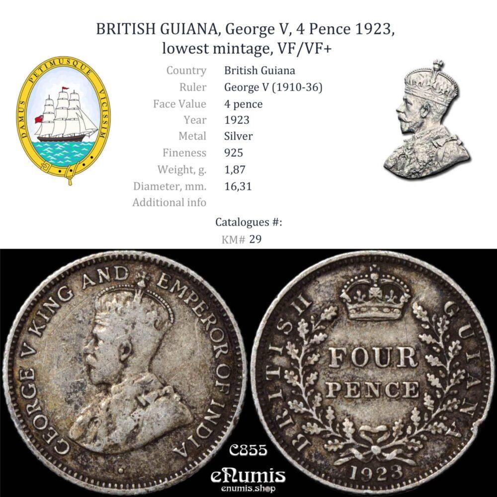 BRITISH GUIANA, George V, 4 Pence 1923, lowest mintage, VF/VF+ BRITISH GUIANA, George V, 4 Pence 1923, lowest mintage, VF/VF+