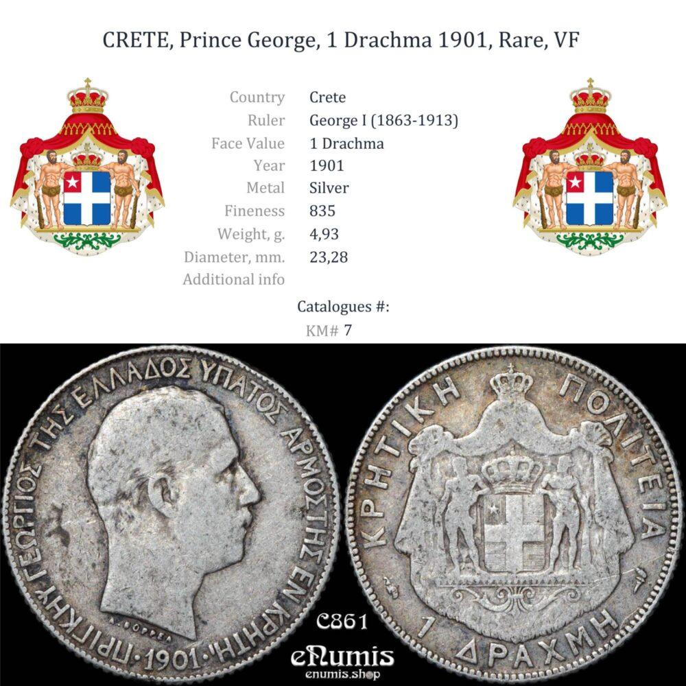 CRETE, Prince George, 1 Drachma 1901, Rare, VF