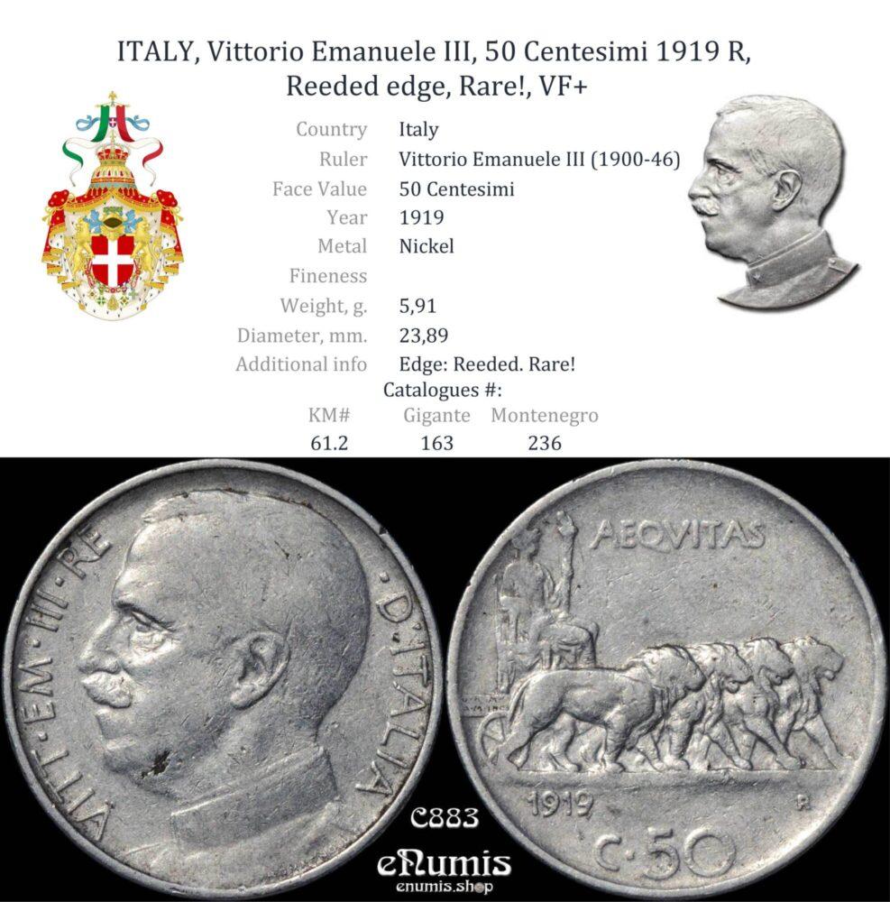 ITALY, Vittorio Emanuele III, 50 Centesimi 1919 R, Reeded edge, Rare!, VF+