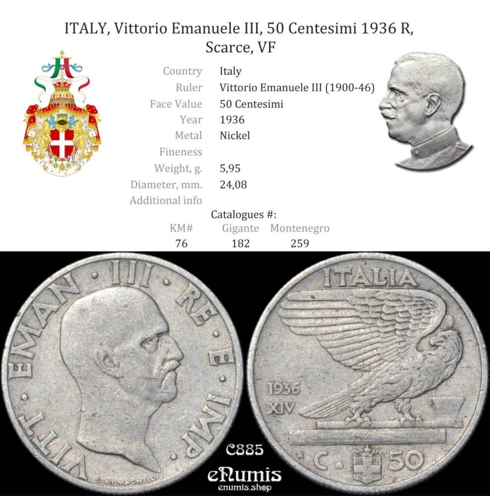 ITALY, Vittorio Emanuele III, 50 Centesimi 1936 R, Scarce, VF