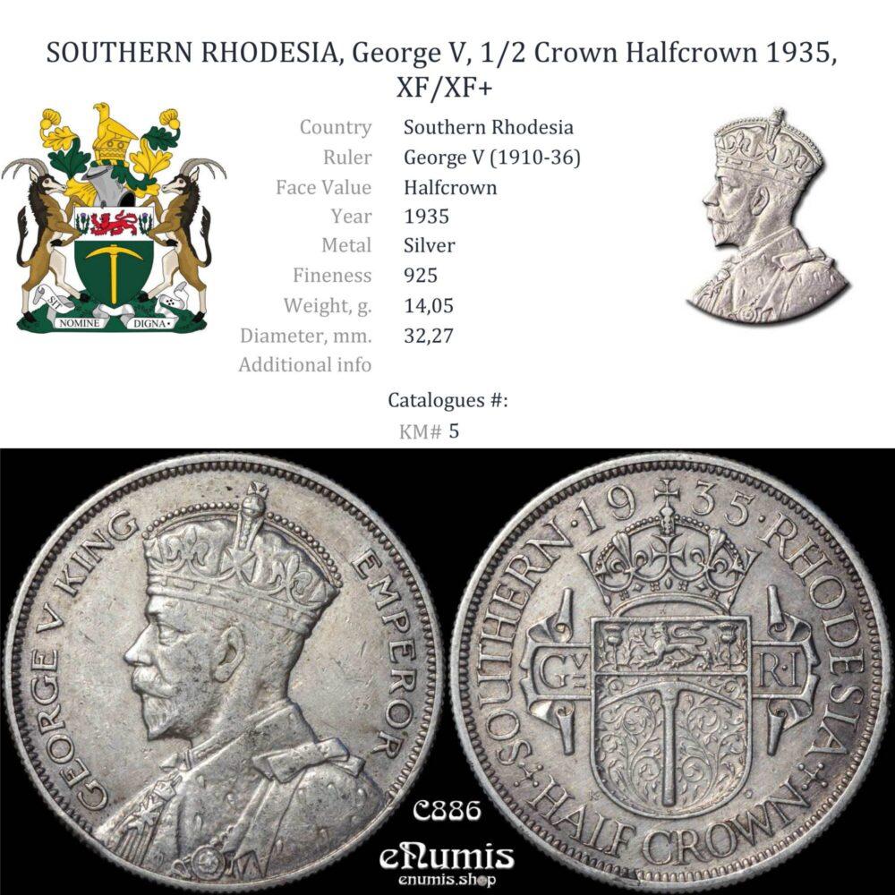 SOUTHERN RHODESIA, George V, 1/2 Crown Halfcrown 1935, XF/XF+ SOUTHERN RHODESIA, George V, 1/2 Crown Halfcrown 1935, XF/XF+