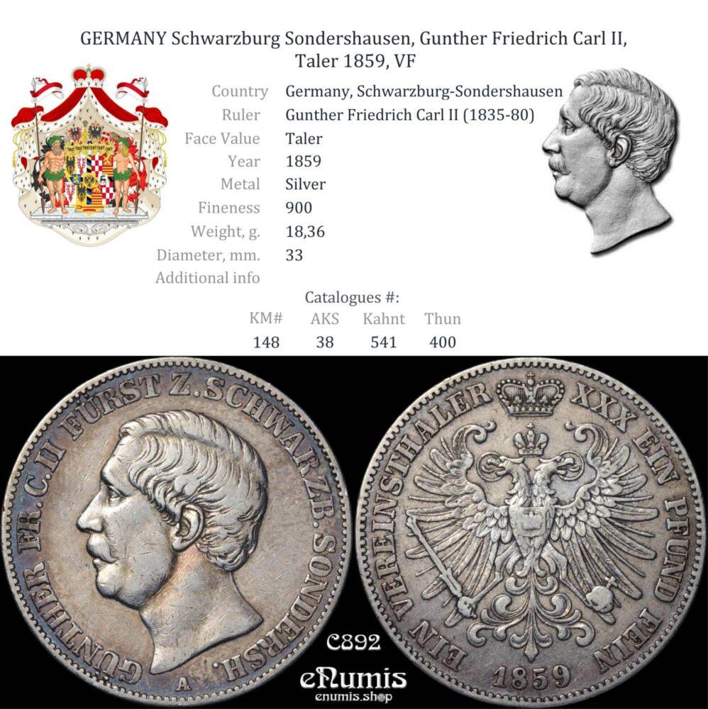 GERMANY Schwarzburg Sondershausen, Gunther Friedrich Carl II, Taler 1859, VF
