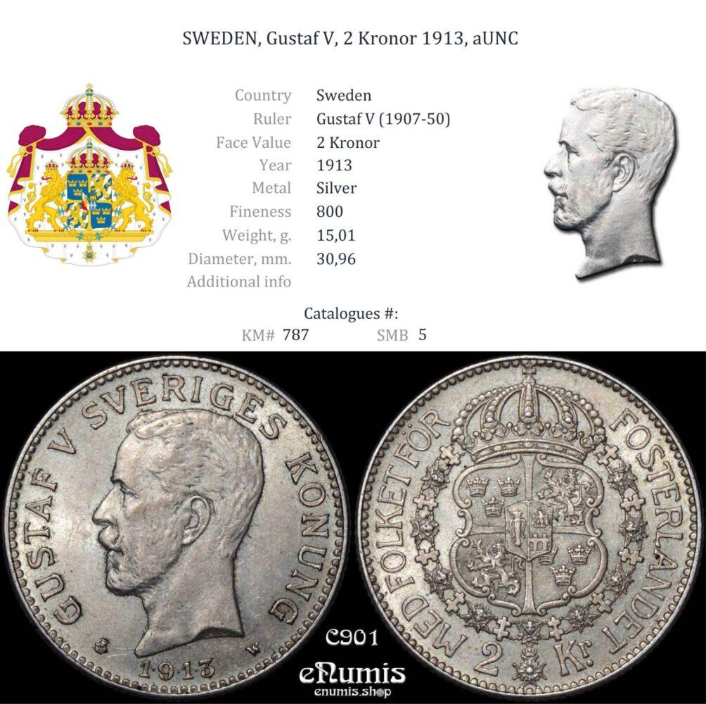 SWEDEN, Gustaf V, 2 Kronor 1913, aUNC
