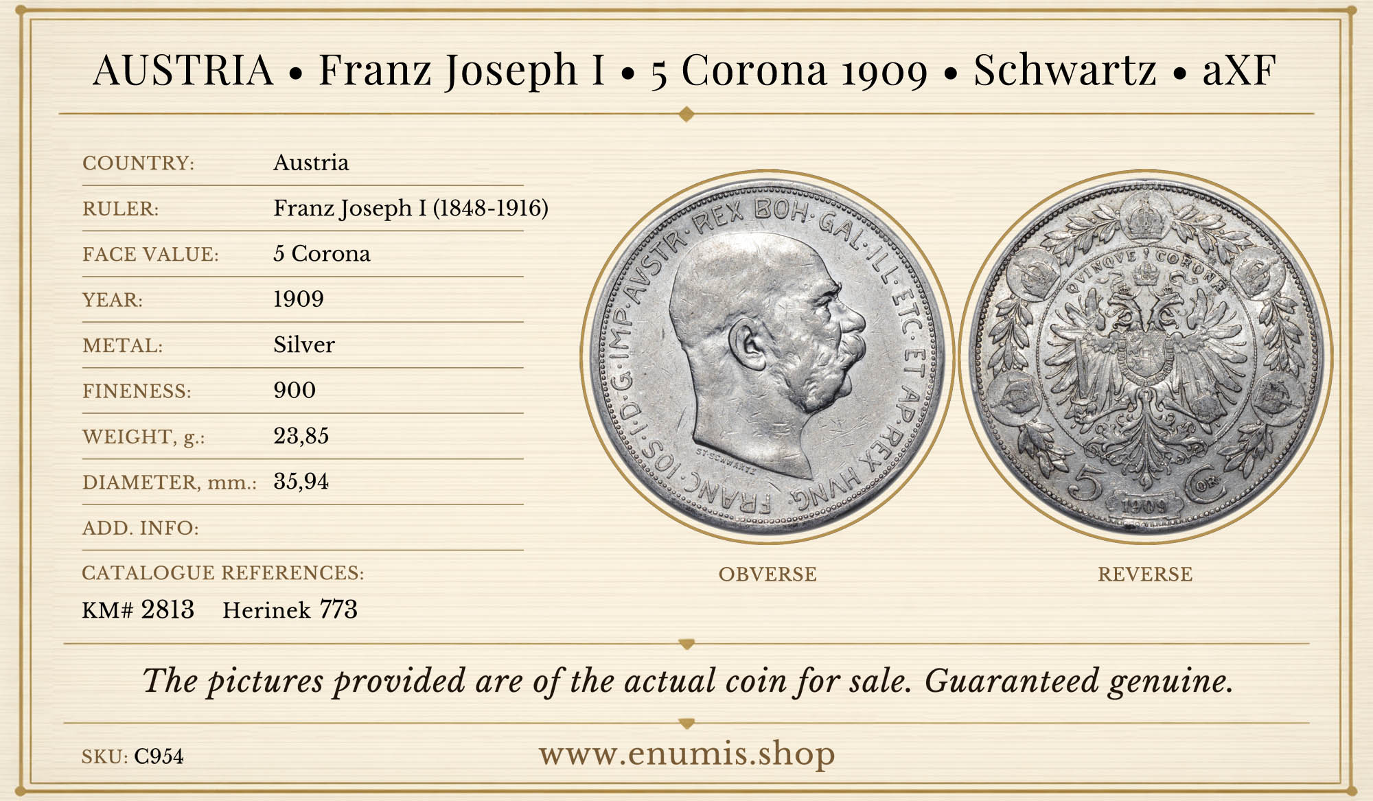 AUSTRIA, Franz Joseph I, 5 Corona 1909, Schwartz, aXF AUSTRIA, Franz Joseph I, 5 Corona 1909, Schwartz, aXF