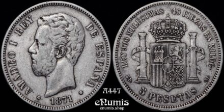 SPAIN, Amadeo I, 5 Pesetas 1871 SD-M, VF
