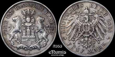 GERMANY HAMBURG, 5 Mark 1893, Rare date, VF+