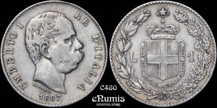 ITALY, Umberto I, 1 Lira 1887 M, VF/VF+