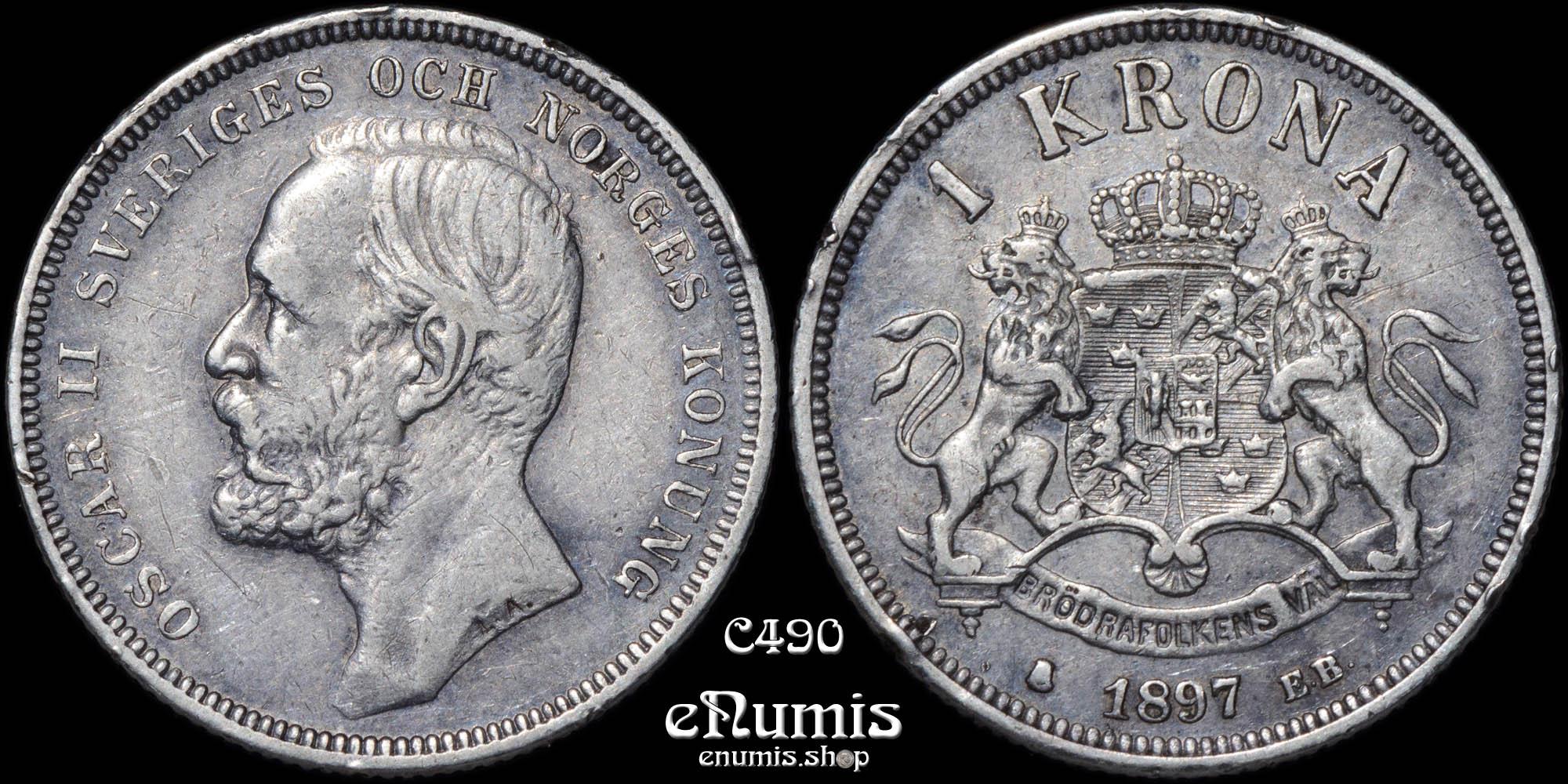 SWEDEN, Oscar II, 1 Krona 1897, VF-XF
