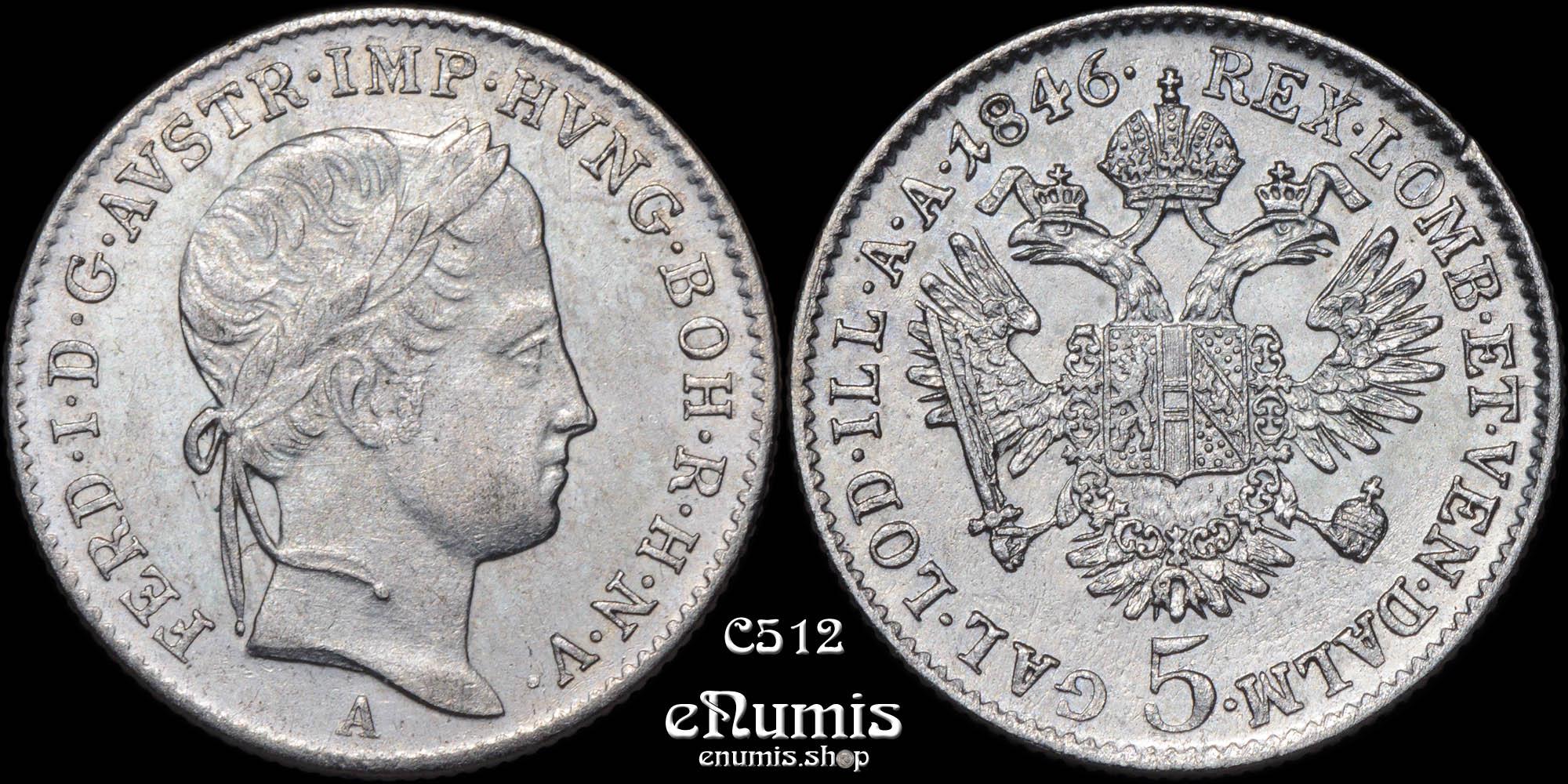 AUSTRIA, Ferdinand I, 5 Kreuzer 1846 A, aUNC