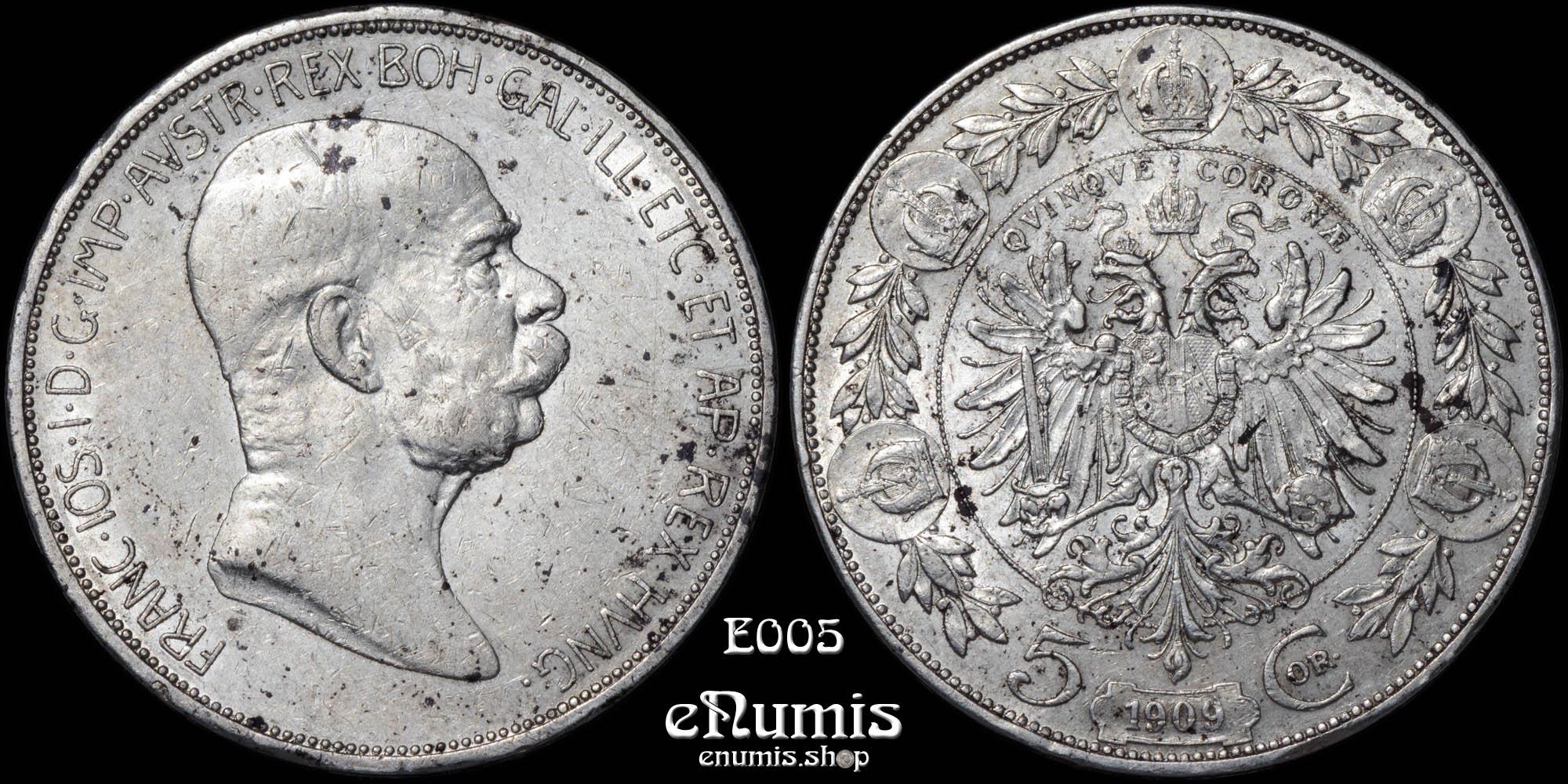 AUSTRIA, Franz Joseph I, 5 Corona 1909, XF+/XF-UNC