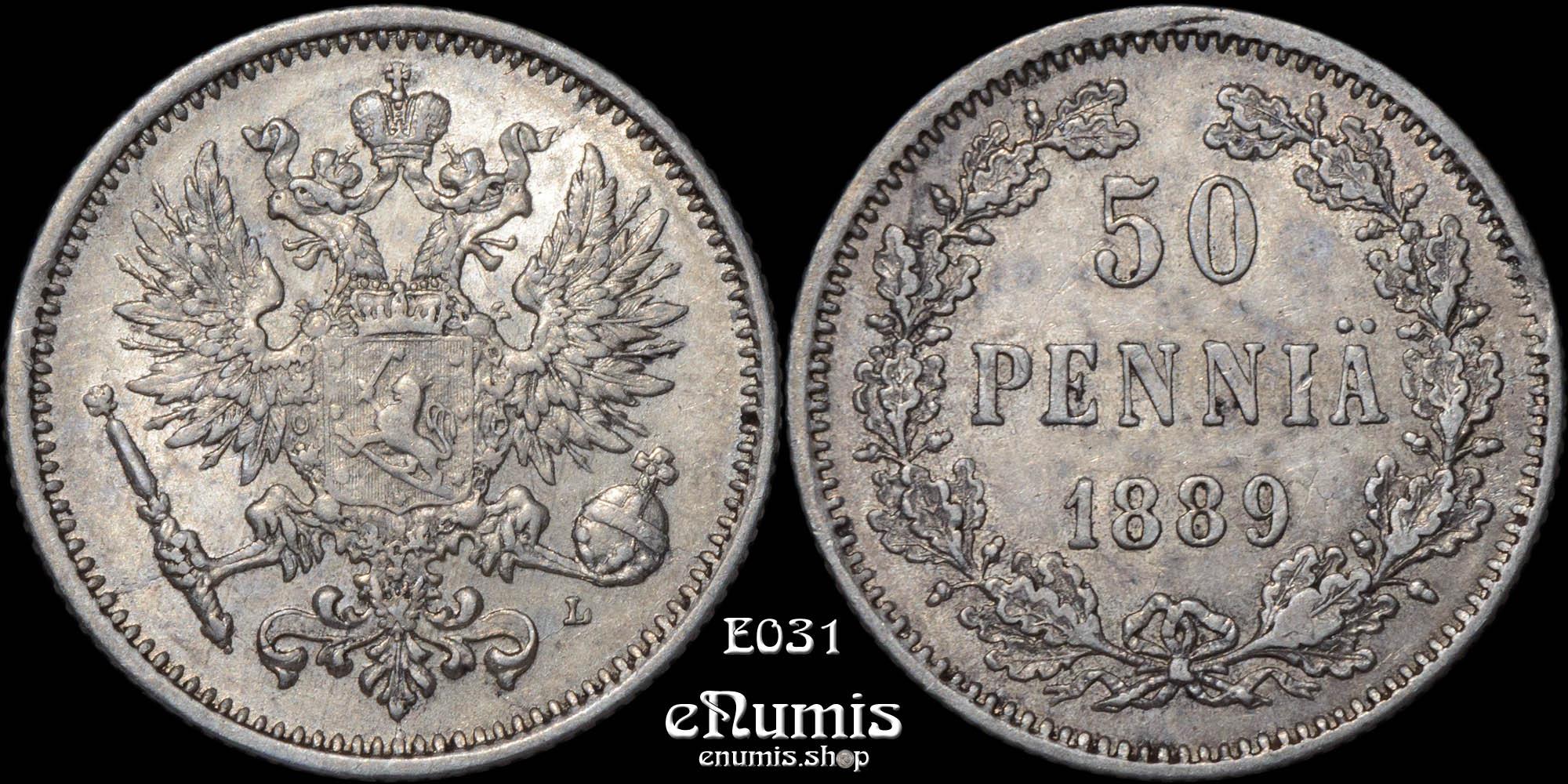 RUSSIA, FINLAND, Alexander III, 50 Pennia 1889 L, XF+