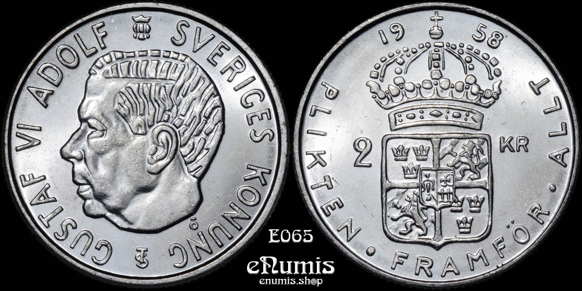 SWEDEN, Gustaf VI Adolf, 2 Kronor 1958, silver, Brilliant UNC