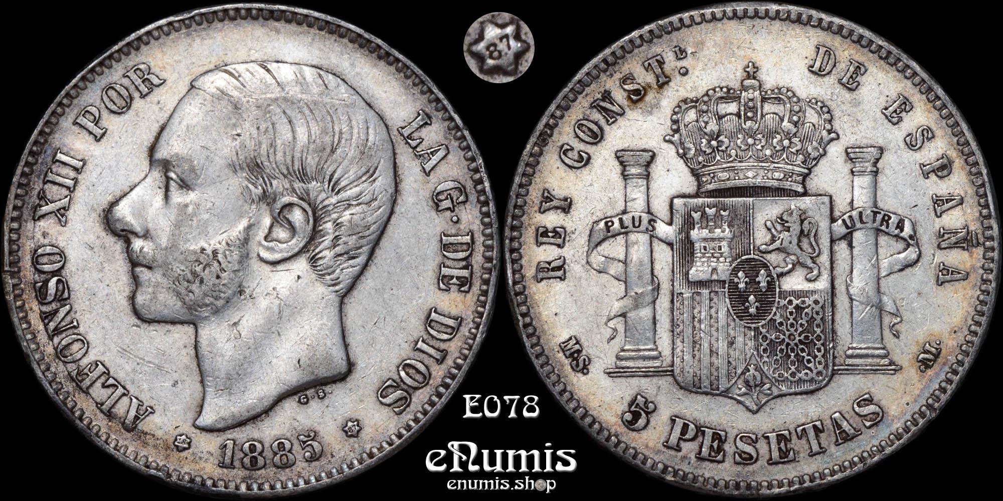 SPAIN, Alfonso XII, 5 Pesetas 1885 (1887) MS-M, aXF SPAIN, Alfonso XII, 5 Pesetas 1885 (1887) MS-M, aXF