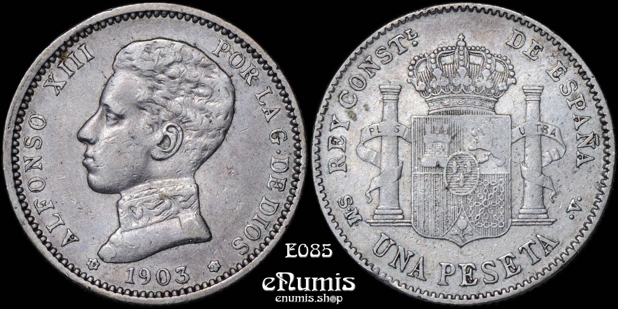 SPAIN, Alfonso XIII, 1 Peseta 1903 SM-V, VF+ SPAIN, Alfonso XIII, 1 Peseta 1903 SM-V, VF+