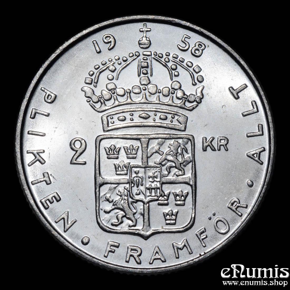 SWEDEN, Gustaf VI Adolf, 2 Kronor 1958, silver, Brilliant UNC