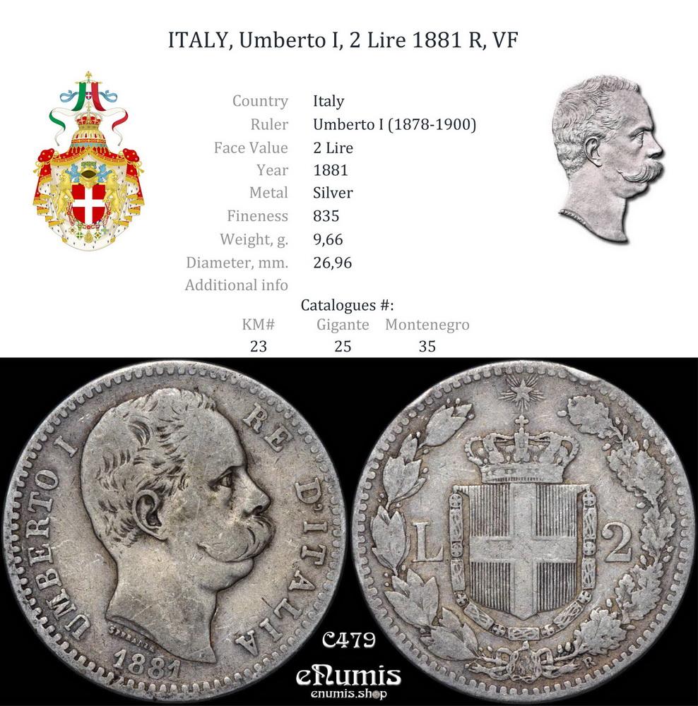 ITALY, Umberto I, 2 Lire 1881 R, VF