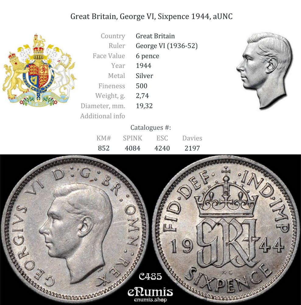 Great Britain, George VI, Sixpence 1944, aUNC Great Britain, George VI, Sixpence 1944, aUNC