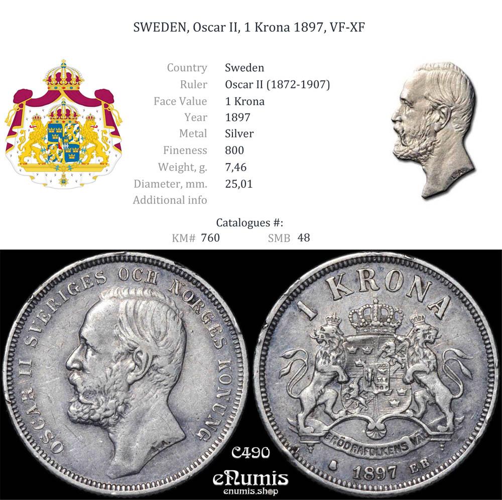 SWEDEN, Oscar II, 1 Krona 1897, VF-XF