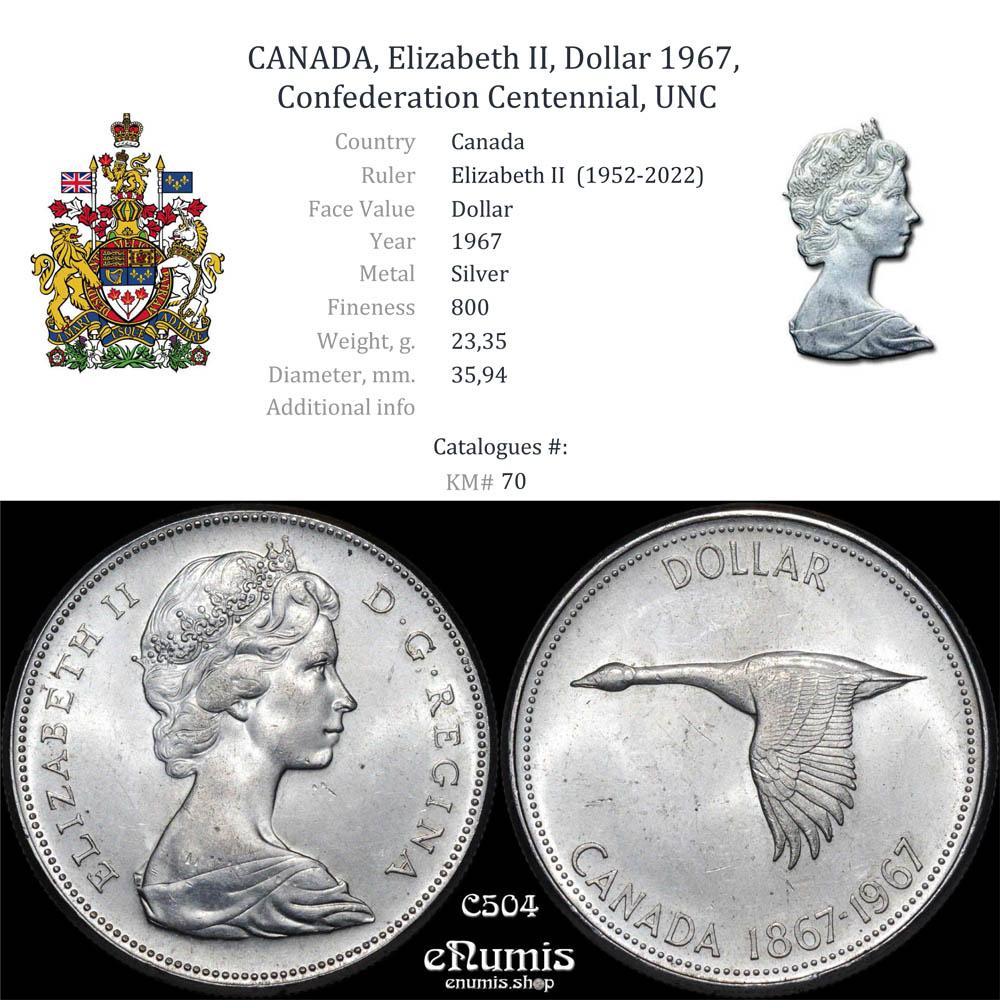 CANADA, Elizabeth II, Dollar 1967, Confederation Centennial, UNC