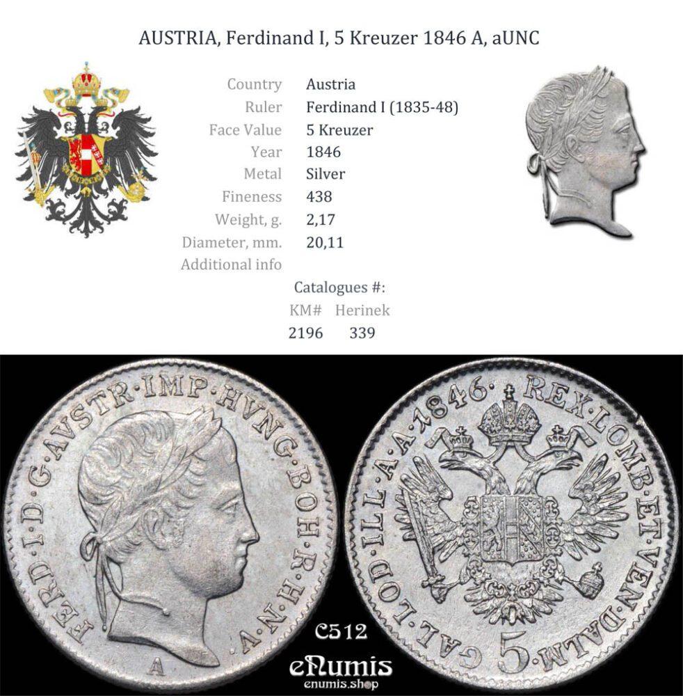 AUSTRIA, Ferdinand I, 5 Kreuzer 1846 A, aUNC