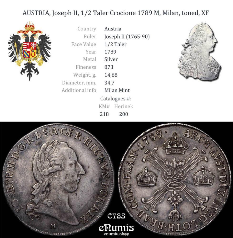 AUSTRIA, Joseph II, 1/2 Taler Crocione 1789 M, Milan, toned, XF