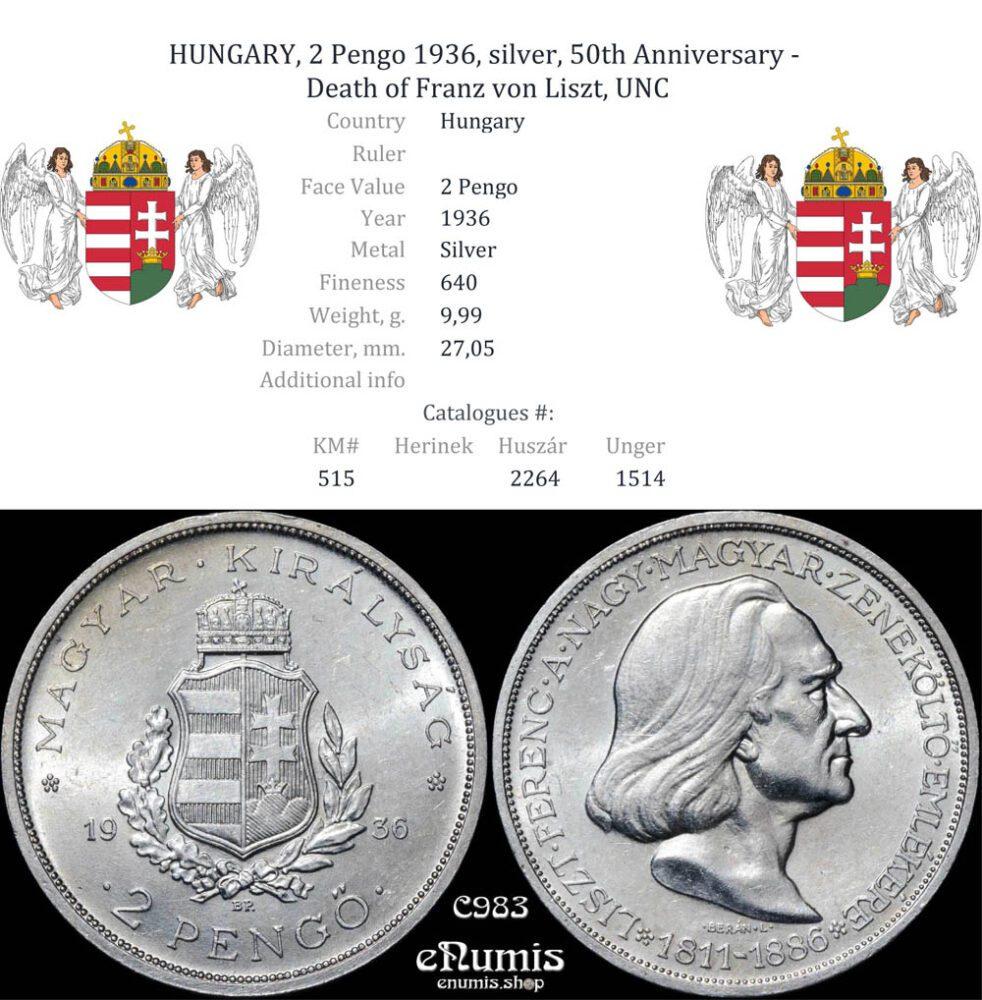 HUNGARY, 2 Pengo 1936, silver, 50th Anniversary - Death of Franz von Liszt, UNC