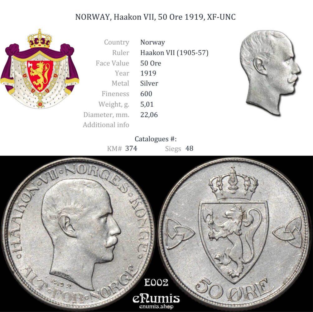 NORWAY, Haakon VII, 50 Ore 1919, XF-UNC