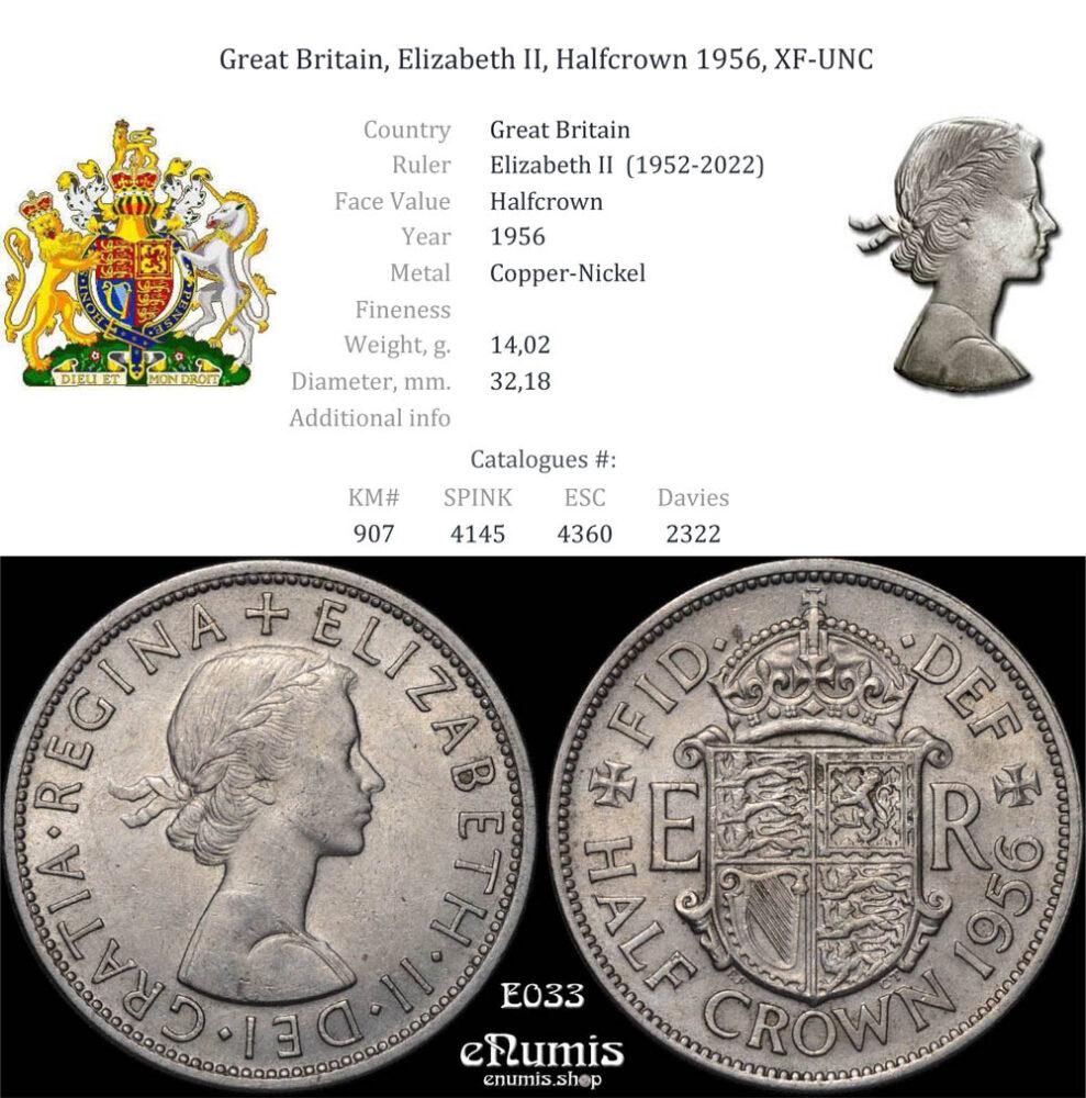 Great Britain, Elizabeth II, Halfcrown 1956, XF-UNC Great Britain, Elizabeth II, Halfcrown 1956, XF-UNC