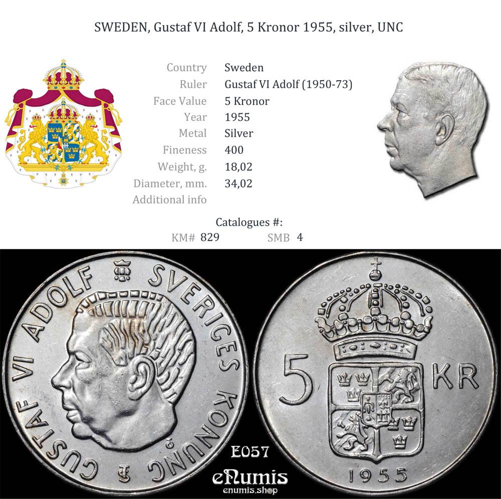 SWEDEN, Gustaf VI Adolf, 5 Kronor 1955, silver, UNC