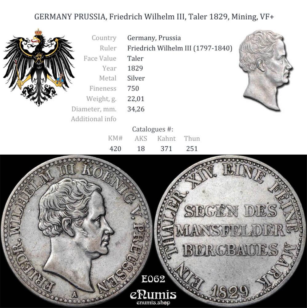 GERMANY PRUSSIA, Friedrich Wilhelm III, Taler 1829, Mining, VF+ GERMANY PRUSSIA, Friedrich Wilhelm III, Taler 1829, Mining, VF+