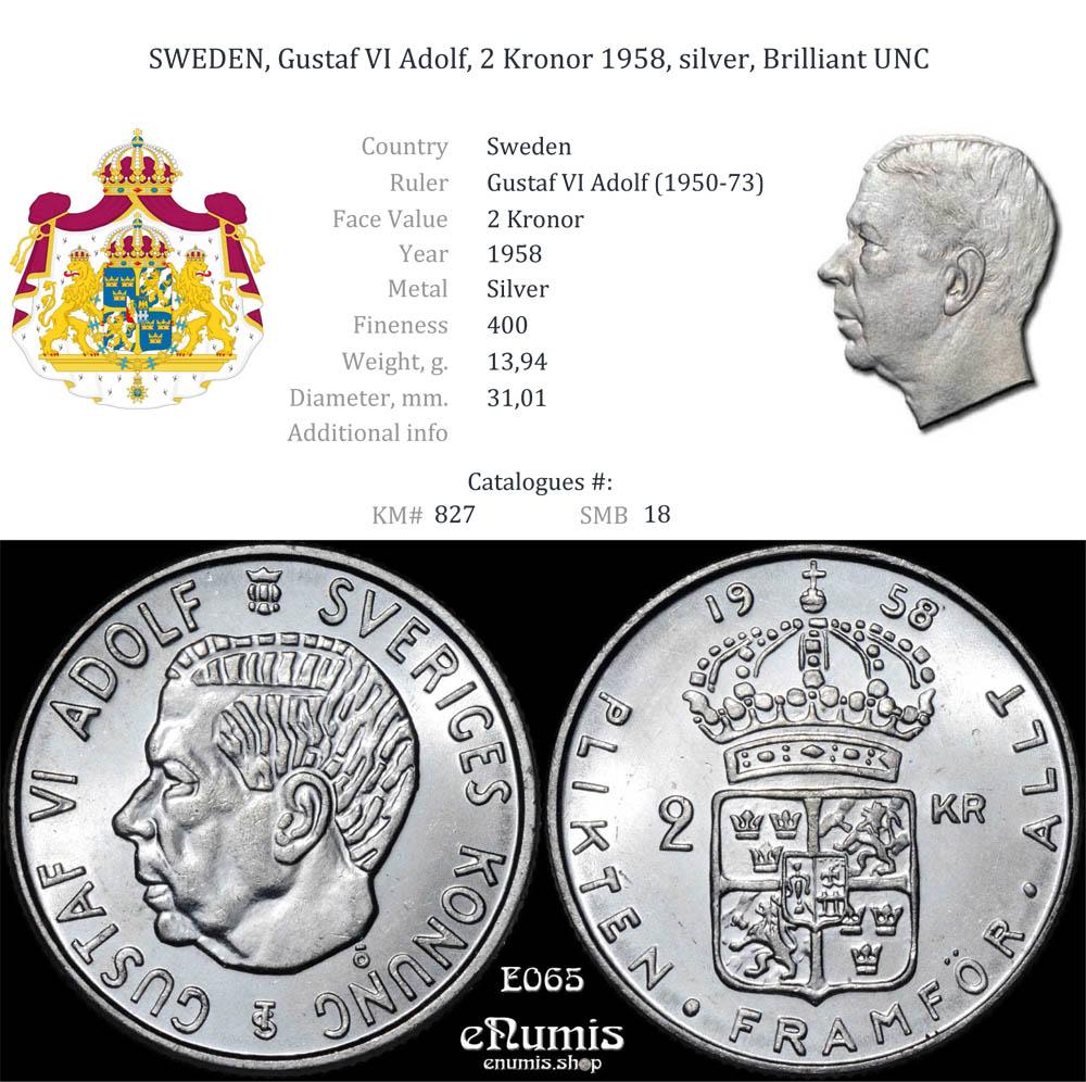 SWEDEN, Gustaf VI Adolf, 2 Kronor 1958, silver, Brilliant UNC