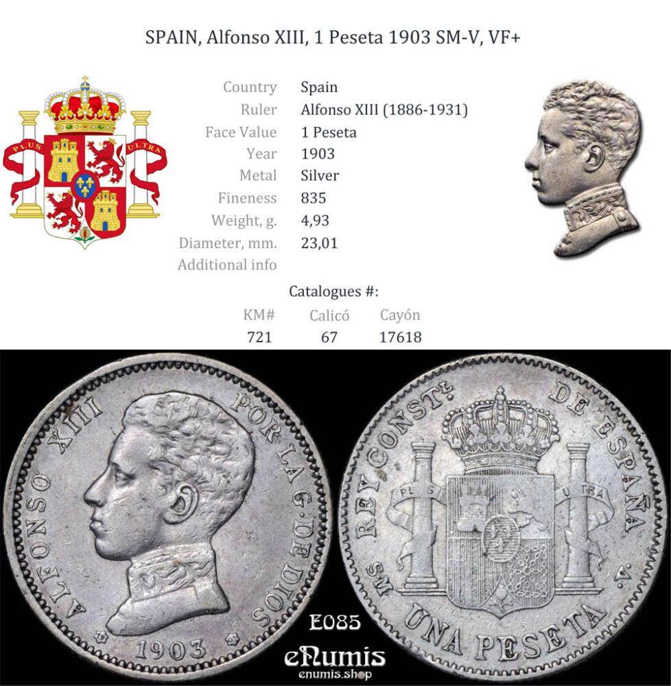 SPAIN, Alfonso XIII, 1 Peseta 1903 SM-V, VF+ SPAIN, Alfonso XIII, 1 Peseta 1903 SM-V, VF+