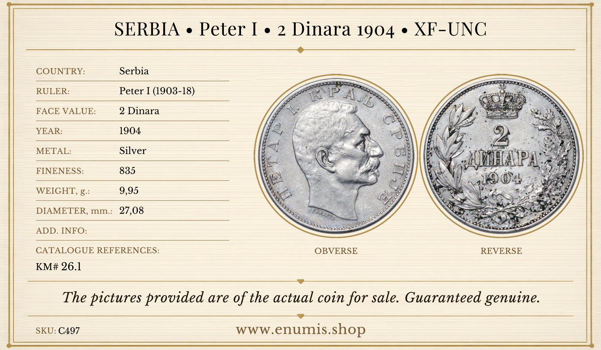 SERBIA, Peter I, 2 Dinara 1904, XF-UNC SERBIA, Peter I, 2 Dinara 1904, XF-UNC