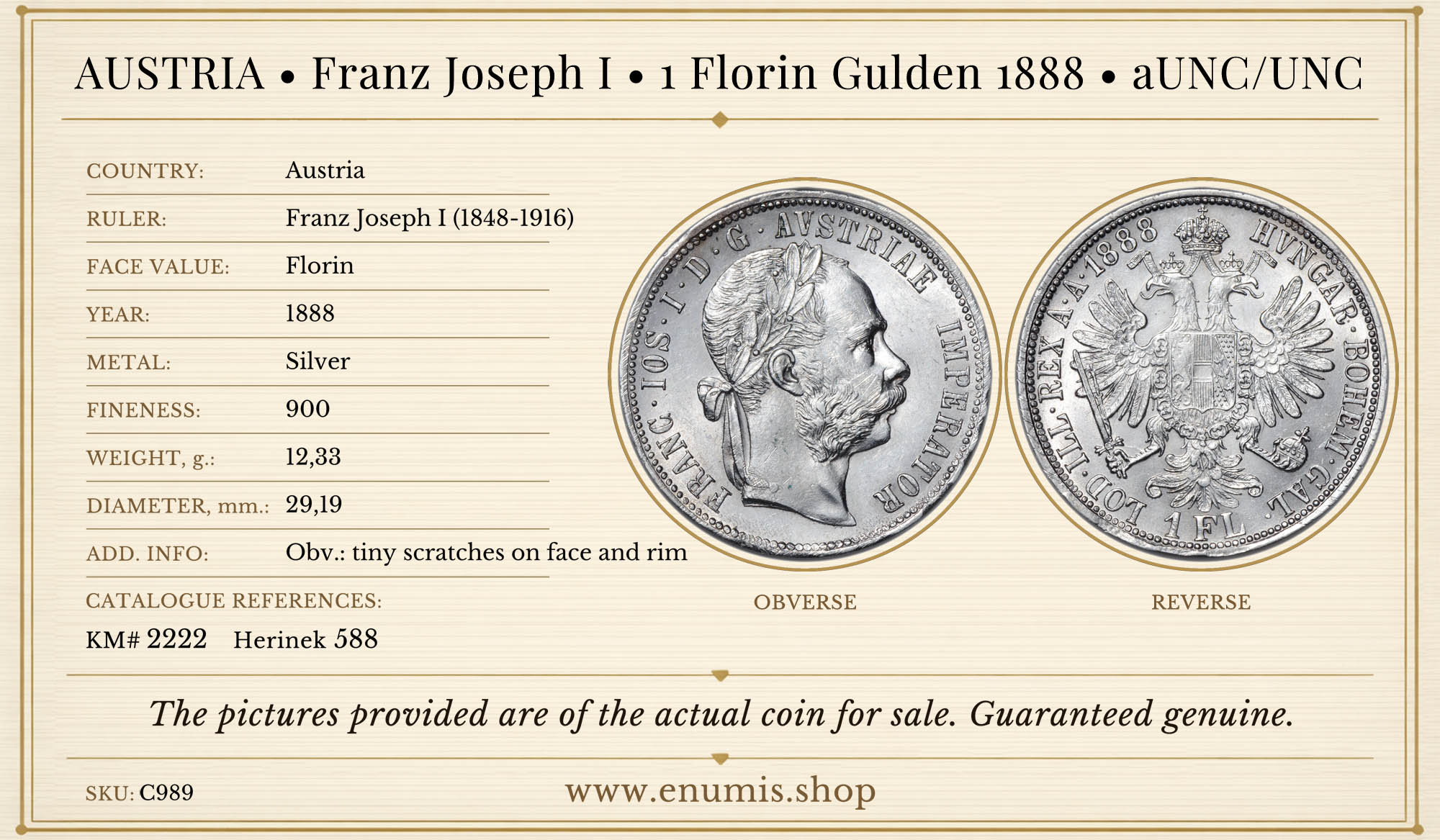 AUSTRIA • Franz Joseph I • 1 Florin Gulden 1888 • aUNC/UNC