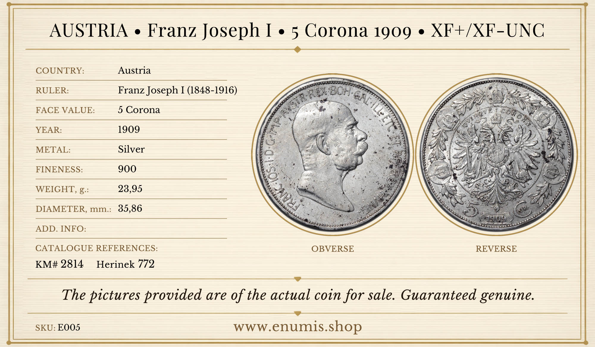AUSTRIA, Franz Joseph I, 5 Corona 1909, XF+/XF-UNC