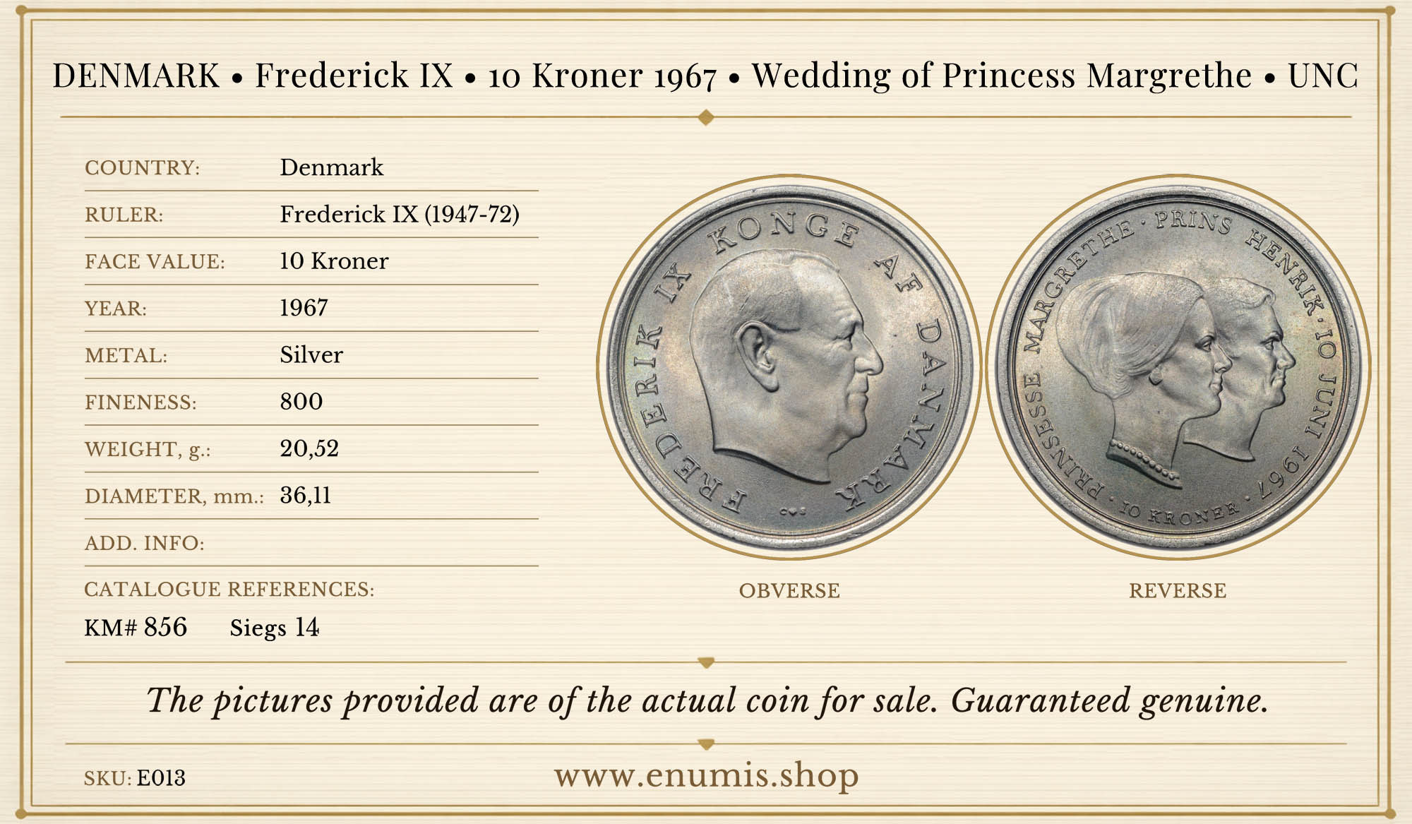 DENMARK, Frederick IX, 10 Kroner 1967, Wedding of Princess Margrethe, UNC