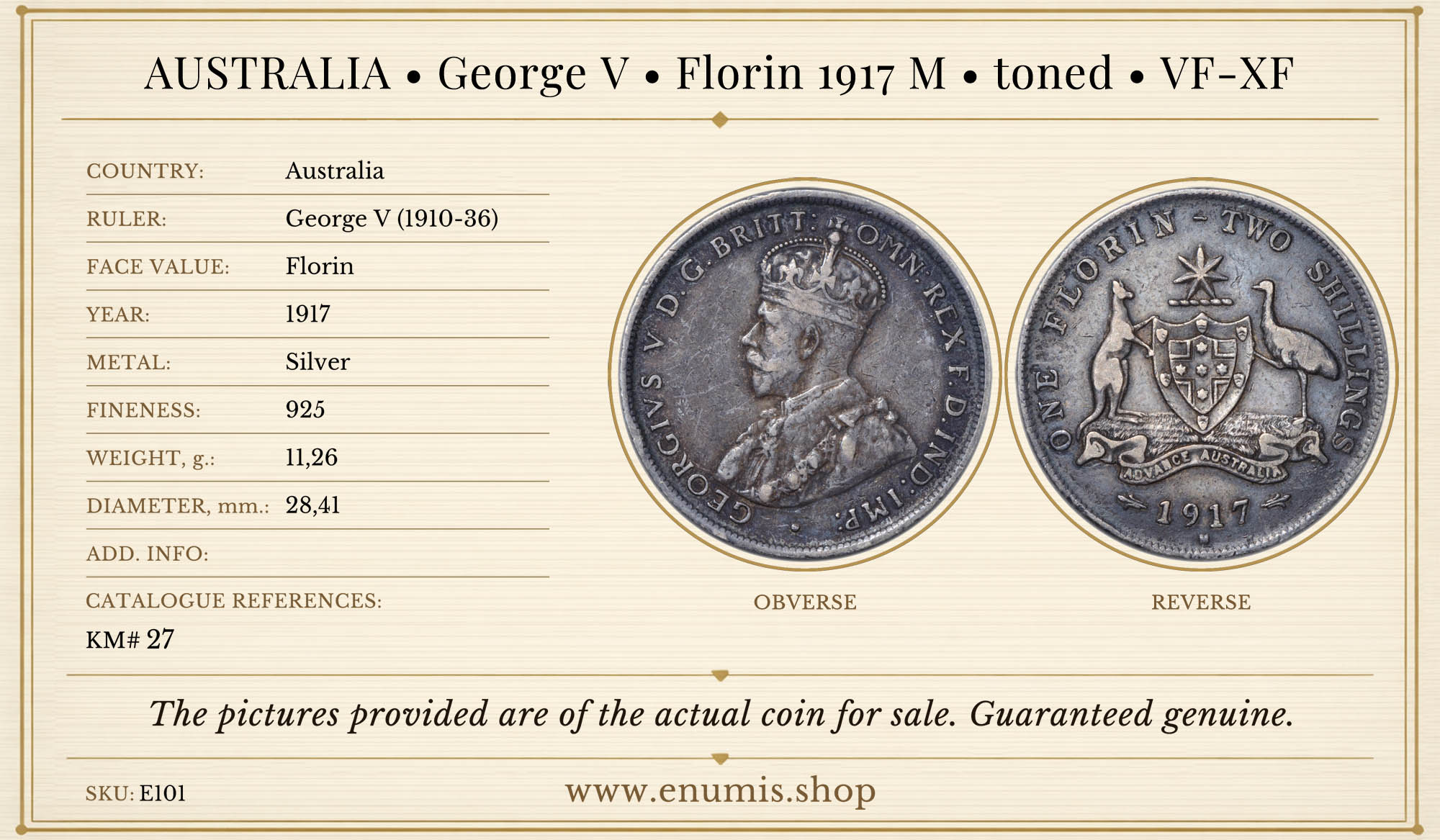 AUSTRALIA, George V, Florin 1917 M, toned, VF-XF