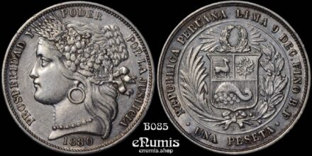 PERU, 1 Peseta 1880 B., with dot, aUNC