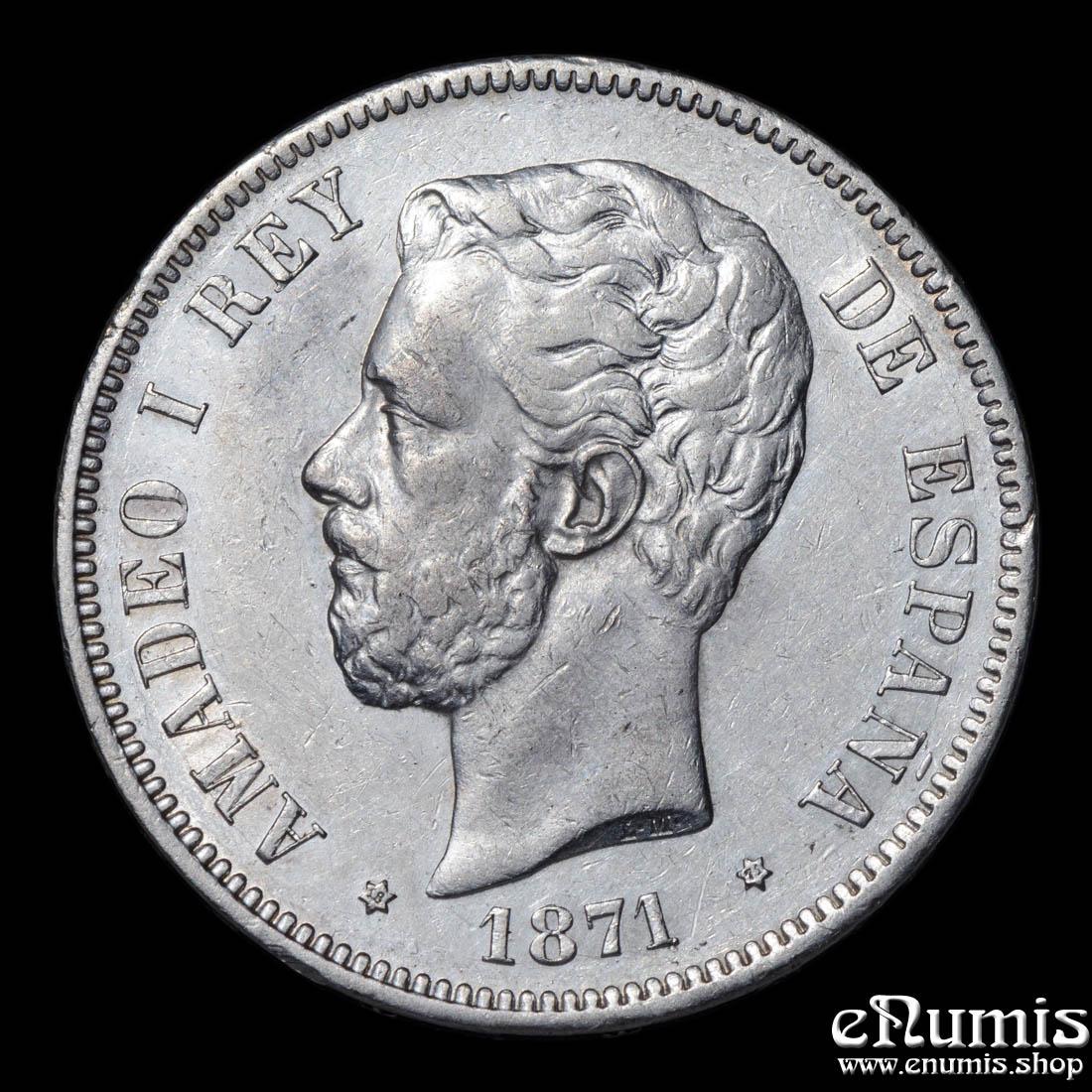 SPAIN, Amadeo I, 5 Pesetas 1871 SD-M, XF+/XF-UNC